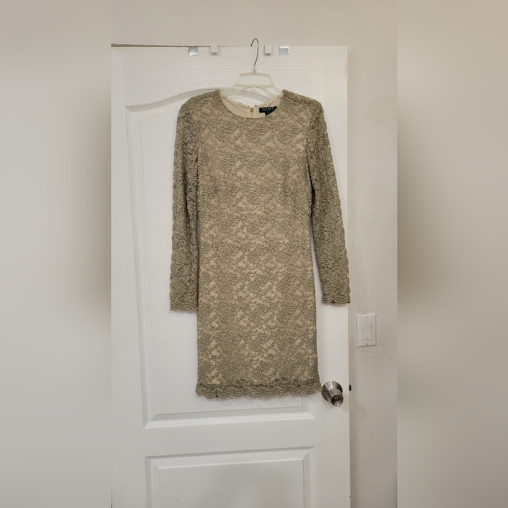 Ralph Lauren champagne gold lace dress size 10 cocktail party occasion dress